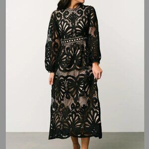 Elegant Black Long-Sleeve Ankle-Length Lace Dress Bohme Dress With Nude Underlay